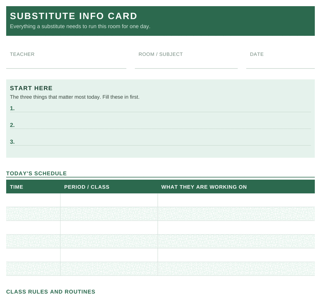 The Substitute Info Card, a
      one-page fill-in sheet covering the day's schedule, class rules and who to call.